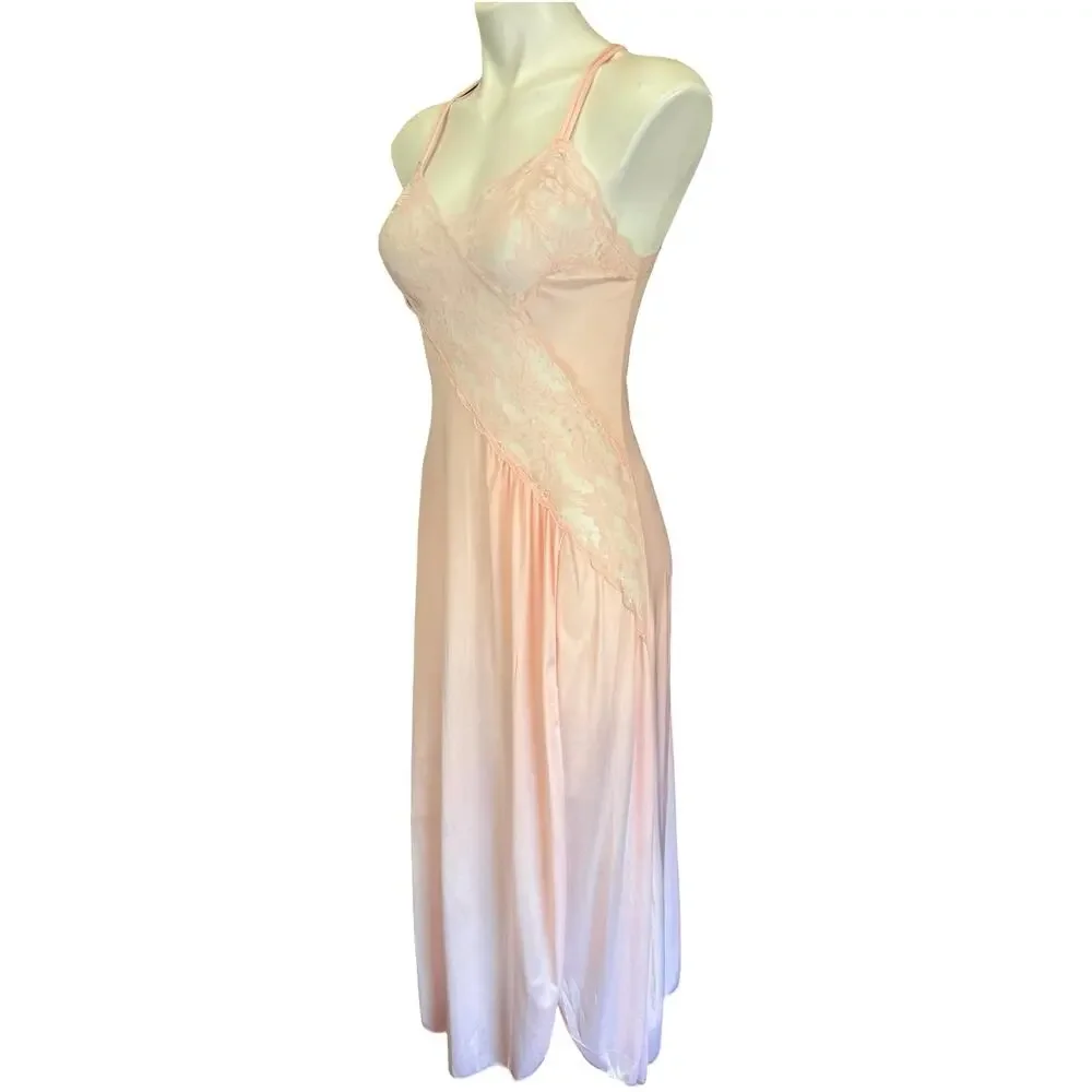 Val Mode Vintage 1970s Blush Pink Nylon Nightgown Diagonal Lace Panel Small